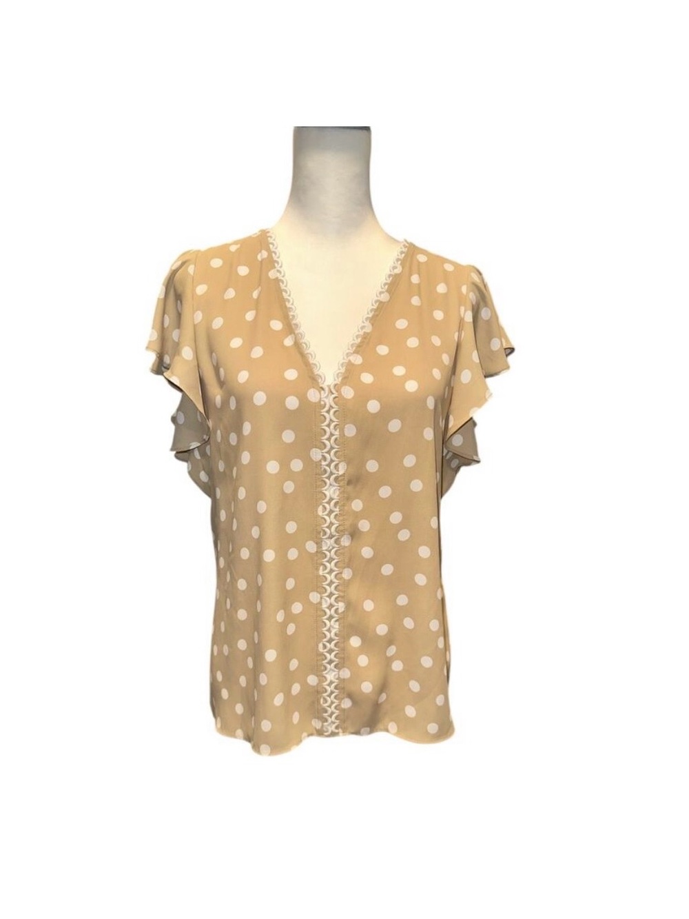 White House Black Market Beige and White Polka Dot V-Neck Flutter Sleeve Blouse